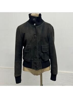 Vintage Italian Washed Black Nubuck Leather Bomber Flight Jacket